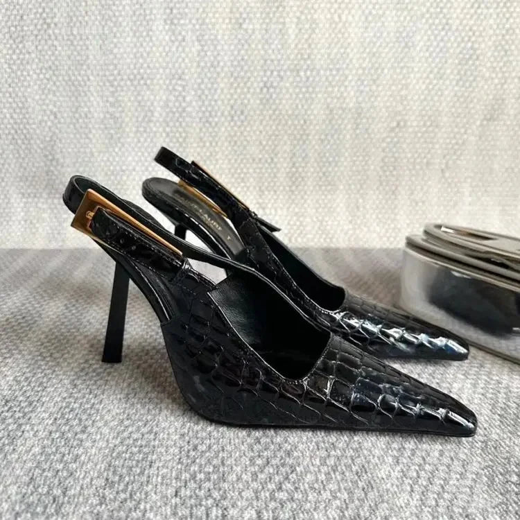 Black Pointed Toe High Heels Thin Heel Metal Cap Sandals Women's Shoes Elegant Painted Leather Sexy Fine Heel New 2025