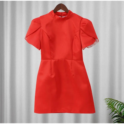 Fashion Back Single Breasted Hollow Out Bow Mini Dress Elegant Solid High Waist A Line Short Dresses 2024 New Lady Party Gowns