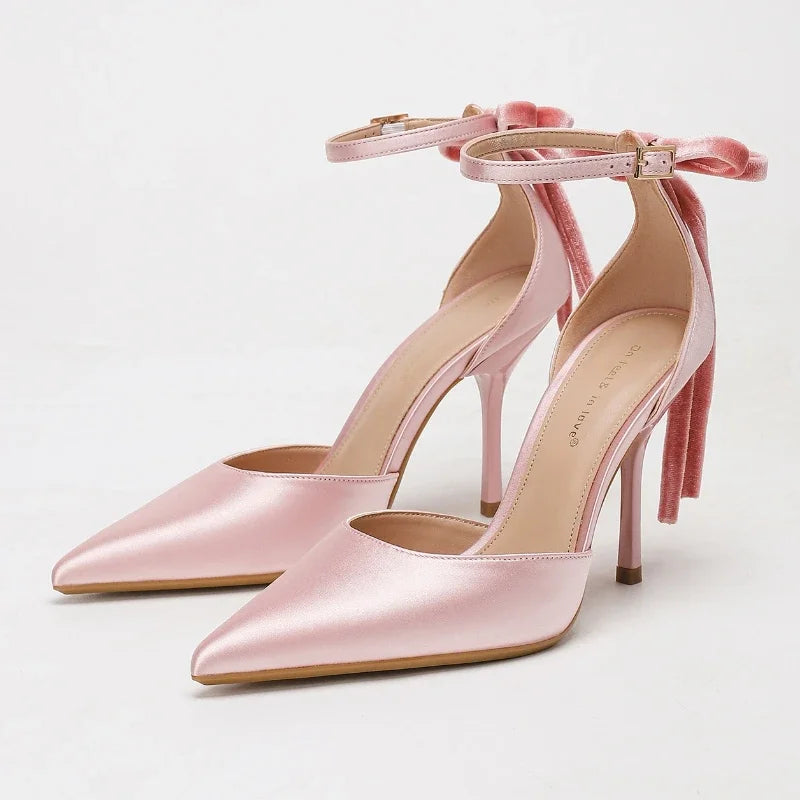 Luxury Satin Designer High Heels for Women Bowknot Embellished Elegant Pointed Toe Pumps Fashion Party Dress High Heel Sandals