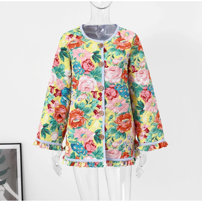 HH Floral Print Jacket For Women Autumn Quilted Reversible Cotton Coat Cardigan Long Sleeve Jackets Elegant Woman Streetwear