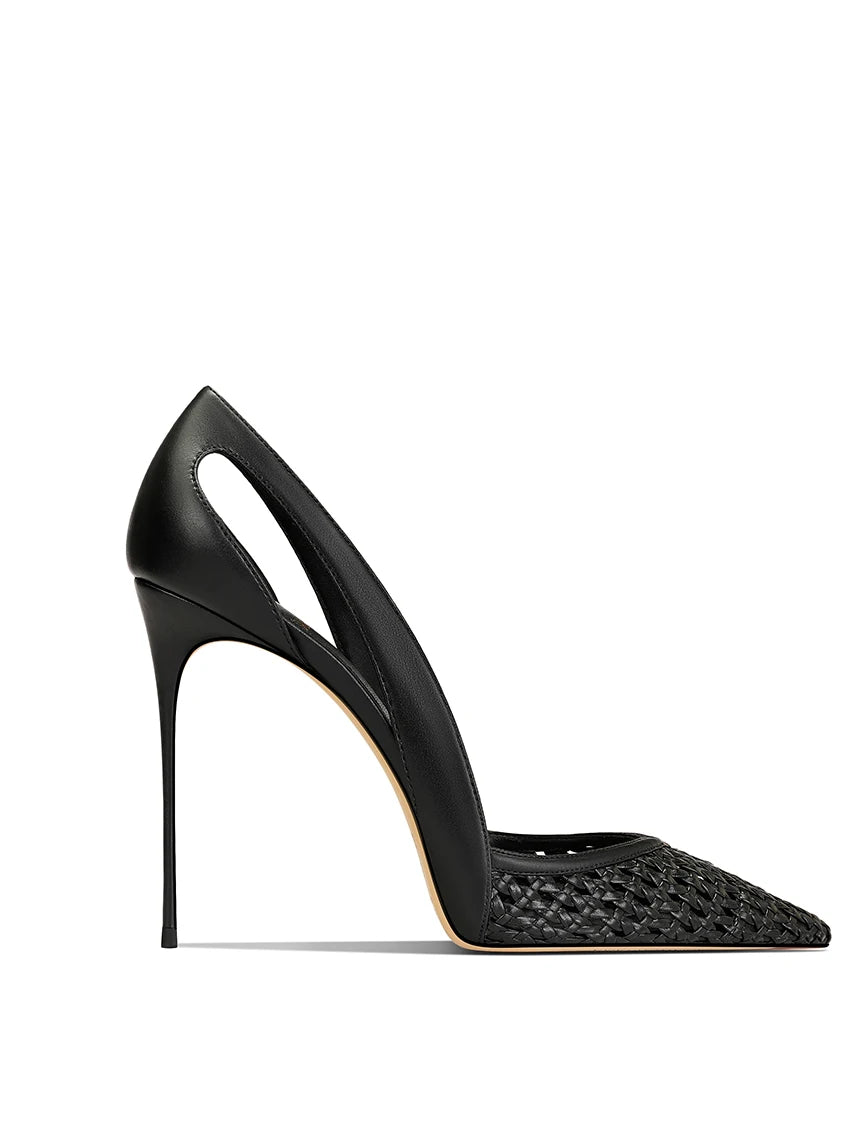 Summer New Women's Black Leather Woven Fashionable and Sexy Pointed Thin Heel High-heeled Shoes