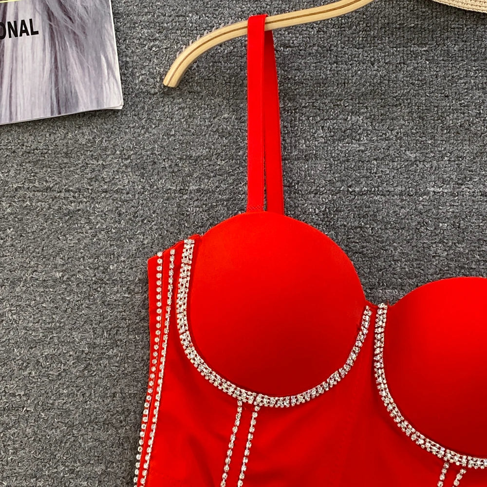 Women Chic Tassels  Pads Rhinestone Basic  Corset Straps Camis Slim  Hot Sexy Fashion Bare NavelBackless Tops Women Crop Top