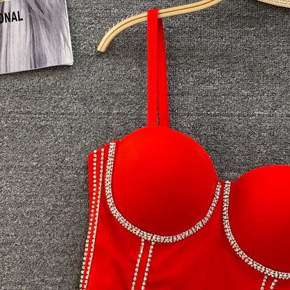 Women Chic Tassels  Pads Rhinestone Basic  Corset Straps Camis Slim  Hot Sexy Fashion Bare NavelBackless Tops Women Crop Top
