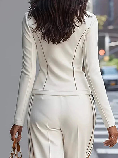 New Women's Half High Collar Long Sleeve Pullover Top And Wide Leg Pants Set Autumn Winter Patchwork Simple Outfit Two-Piece Set