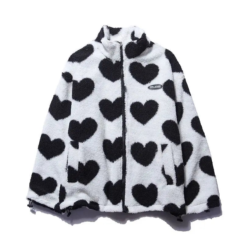 Double-Sided Wear Thickened Lamb Fur Heart Pattern Cotton Jacket Couple's Two-Way Wear Casual Warm Zipper Closure Long Sleeve...