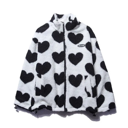 Double-Sided Wear Thickened Lamb Fur Heart Pattern Cotton Jacket Couple's Two-Way Wear Casual Warm Zipper Closure Long Sleeve...