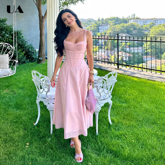 Elegant A-line Bow Ruched Midi Prom Dress, Sweet Strapless Lace-up Long Dress for Woman, Trendy Sleeveless Fishbone Party Dress