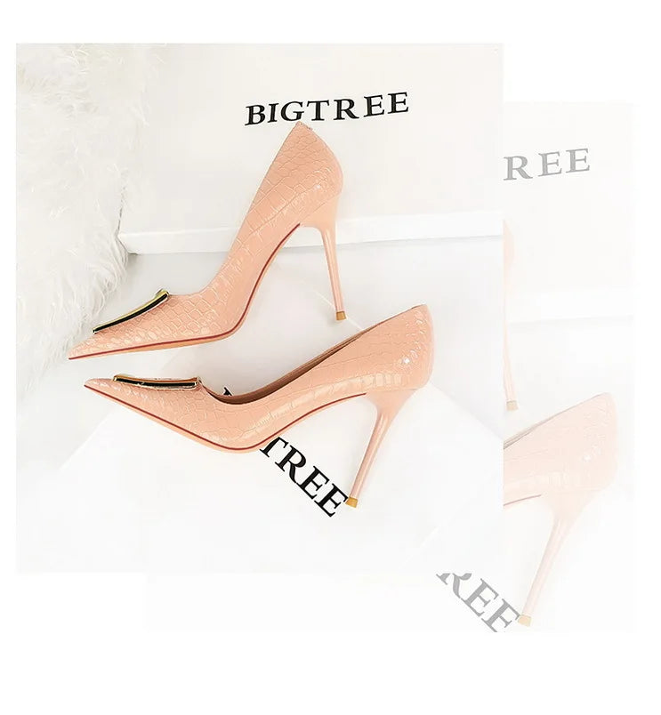 2025 BIGTREE Metal Decoration Buckle Fashion Pumps Women Elegant Snakeskin Print 10cm High Heels Party Ladies Shoes