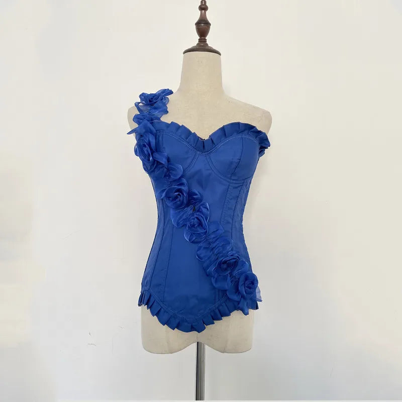 Women's Sexy Body Shaper Overbust Corsets and Bustiers Top Lace-up One Shoulder Strap Flower Boned Korset Burlesque Corsets