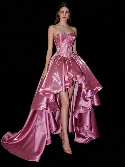 Lautaro Spring Long Luxury Sleeveless Strapless Pink RhinestoneElegant Evening Party Wedding Birthday Prom Dress for Women Dress