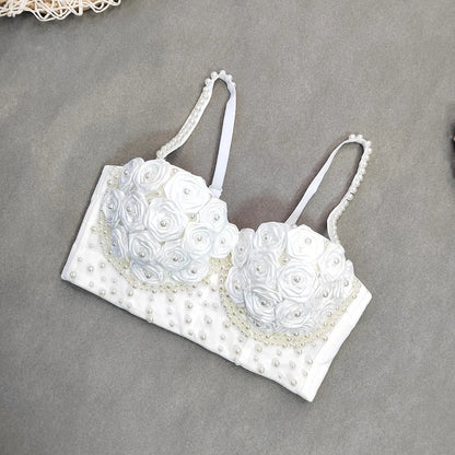 New 2025 Sexy Vest Corset Women Three-dimensional Flowers Roses Pearls Short Tops Party Bustier Push-up Bra Strap Crop Top 42913