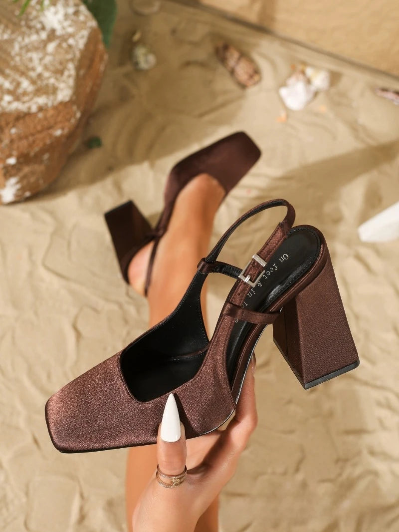 High Quality Purple Satin Chunky Heel Women Pumps Square Toe Buckle Design Elegant Heeled Sandals Luxury Wedding Bridal Shoes