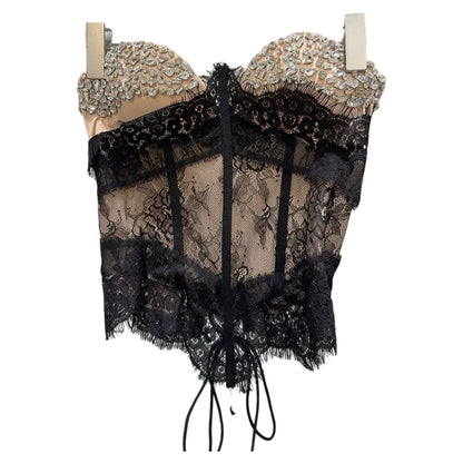 Summer 2026 Sexy Spicy Girl Heavy Work Rhinestone Nail Fishbone Waist Cinch Strapless Tube Top Tank Original Design Lace Trim...