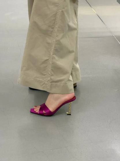 New 2026 Women's Fashionable Silk Satin Cross Band Metal Letter Heel Square Head High Heel Sandals Open Toe Stylish Pointed Toe