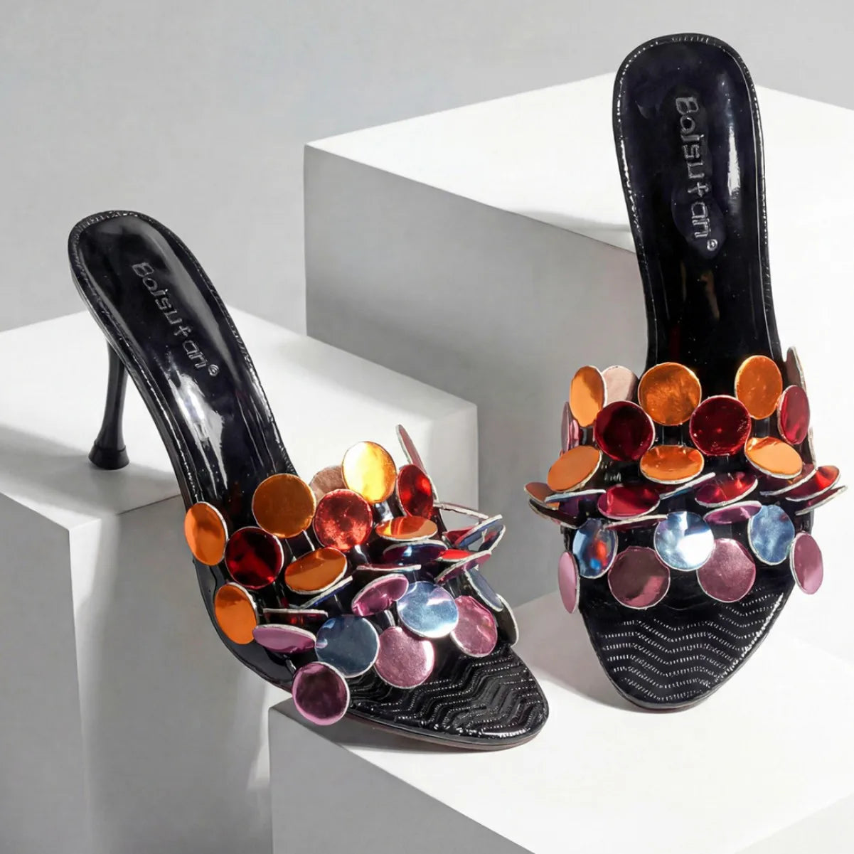 Floral High Heel Open Toe Sandals Women's Versatile Casual Slip-On Shoes Fashionable European Style round Toe Rubber Outsole