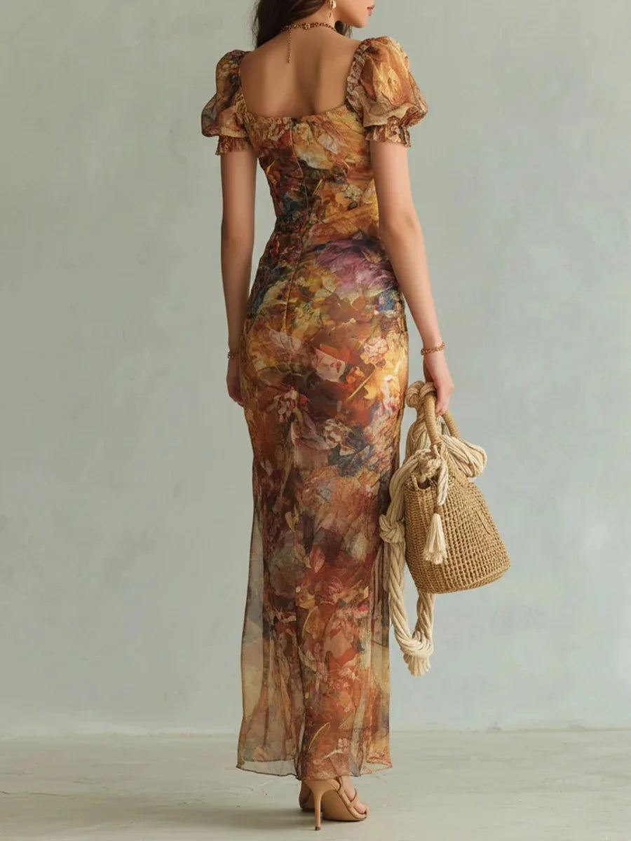 2026 Spring New Women V Neck Print Waist Cinched Ruffle Trim Loose Temperament Versatile Long Dress Fashion Vacation Style Dress