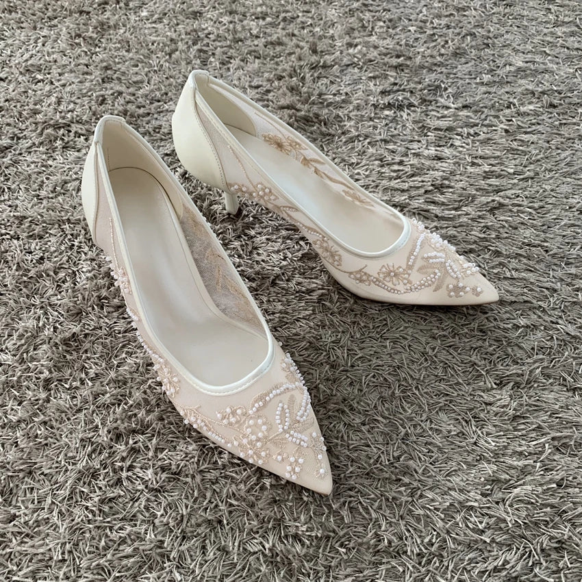 String Bead Mesh Embroider High Heels Women Sexy Pointed Toe Heeled Sandals Summer Elegant Luxury Designer Wedding Pumps Shoes