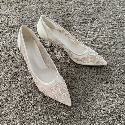 String Bead Mesh Embroider High Heels Women Sexy Pointed Toe Heeled Sandals Summer Elegant Luxury Designer Wedding Pumps Shoes