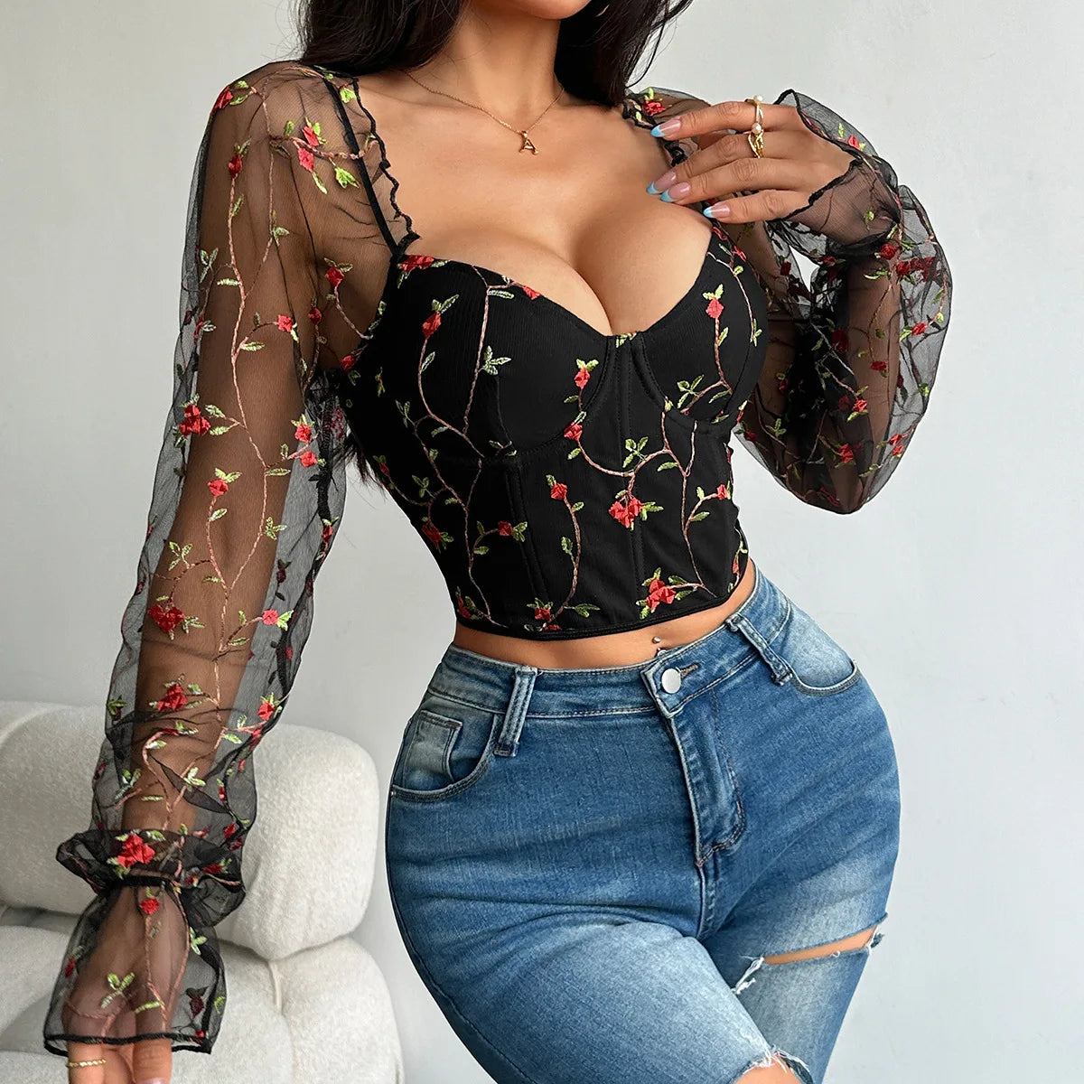 Sexy Spicy Girl Mesh Long Sleeve Corsets Shaper Flower Embroidery Bustiers Fishbone Slim Fit Fashion Versatile Women Corset Top