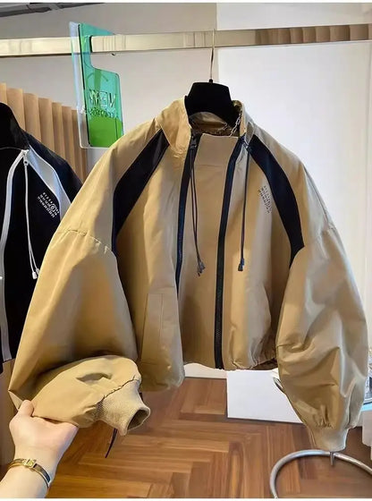Design  niche loose casual stand up collar trench coat, women's spring and autumn short jacket double zipper