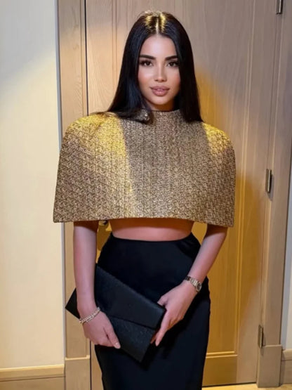 Women Elegant Gold Sparkle Capelet Top Shiny Tweed Shoulder Wrap Turtleneck Short Cloak New Lady Evening Club Party Tops 2026