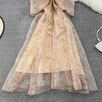 Women Elegant Bow Sexy Chiffon Print A-line Dress Summer One Shoulder High Waist Slim Vintage Seaside Party Vacation Robe