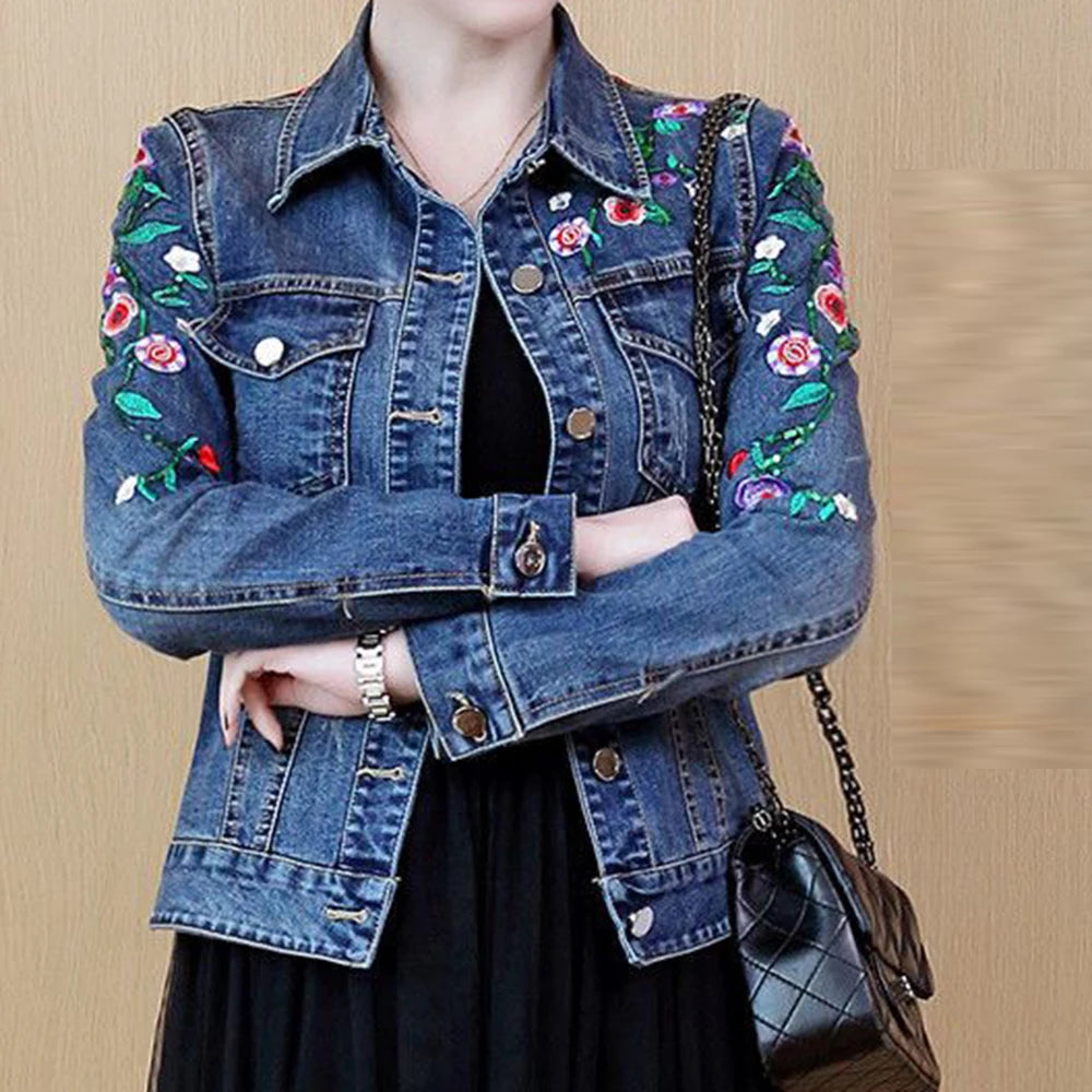 Embroidered denim jacket women's short 2025 spring and autumn new versatile elastic slim denim jacket Korean version jacket top