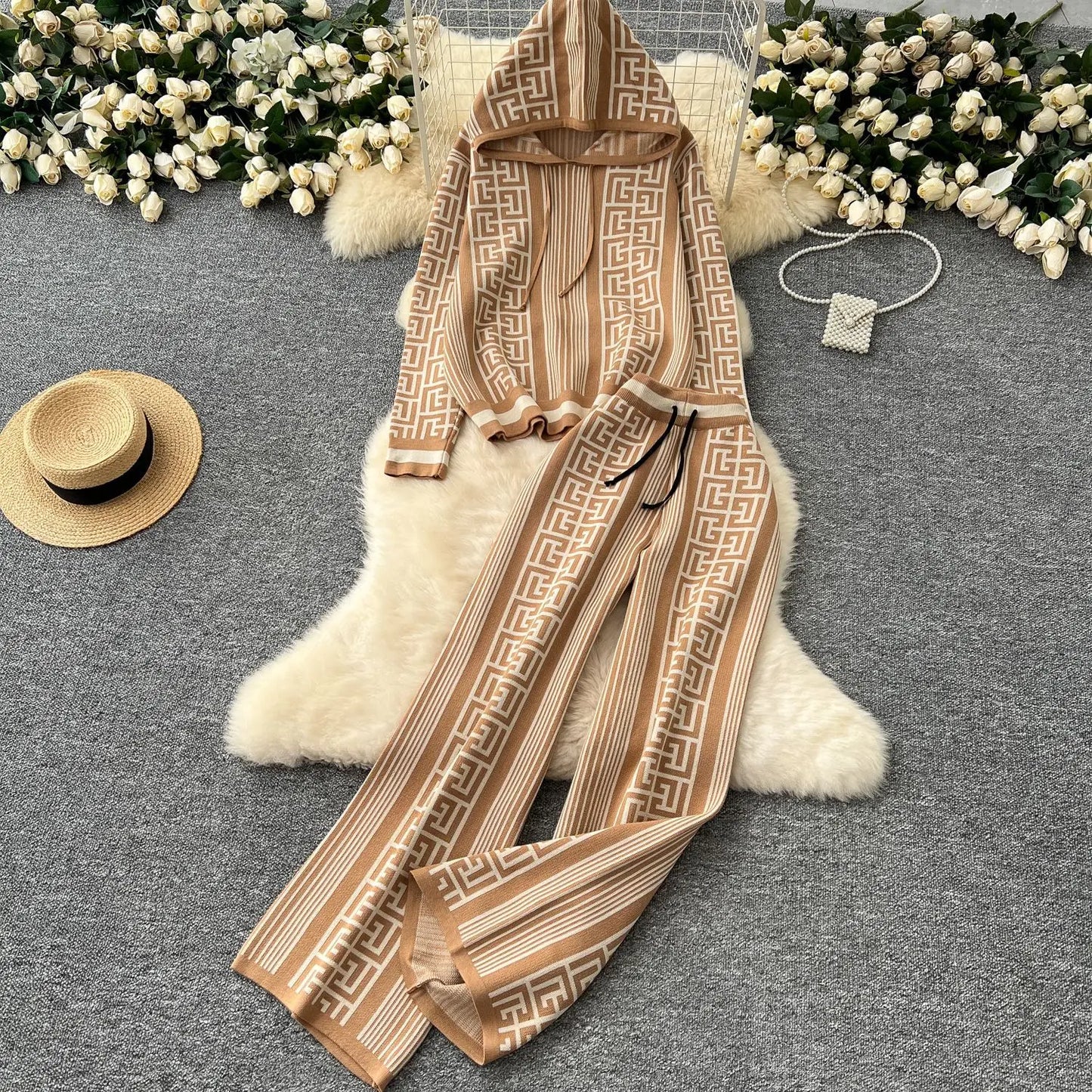 Autumn Pant Set Women Two Piece Sets Hooded Matching Sets Tops Wide Leg Long Pants High Waist Y2k Streetwear Work Print 2025