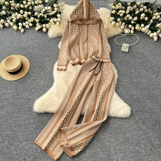 Autumn Pant Set Women Two Piece Sets Hooded Matching Sets Tops Wide Leg Long Pants High Waist Y2k Streetwear Work Print 2025