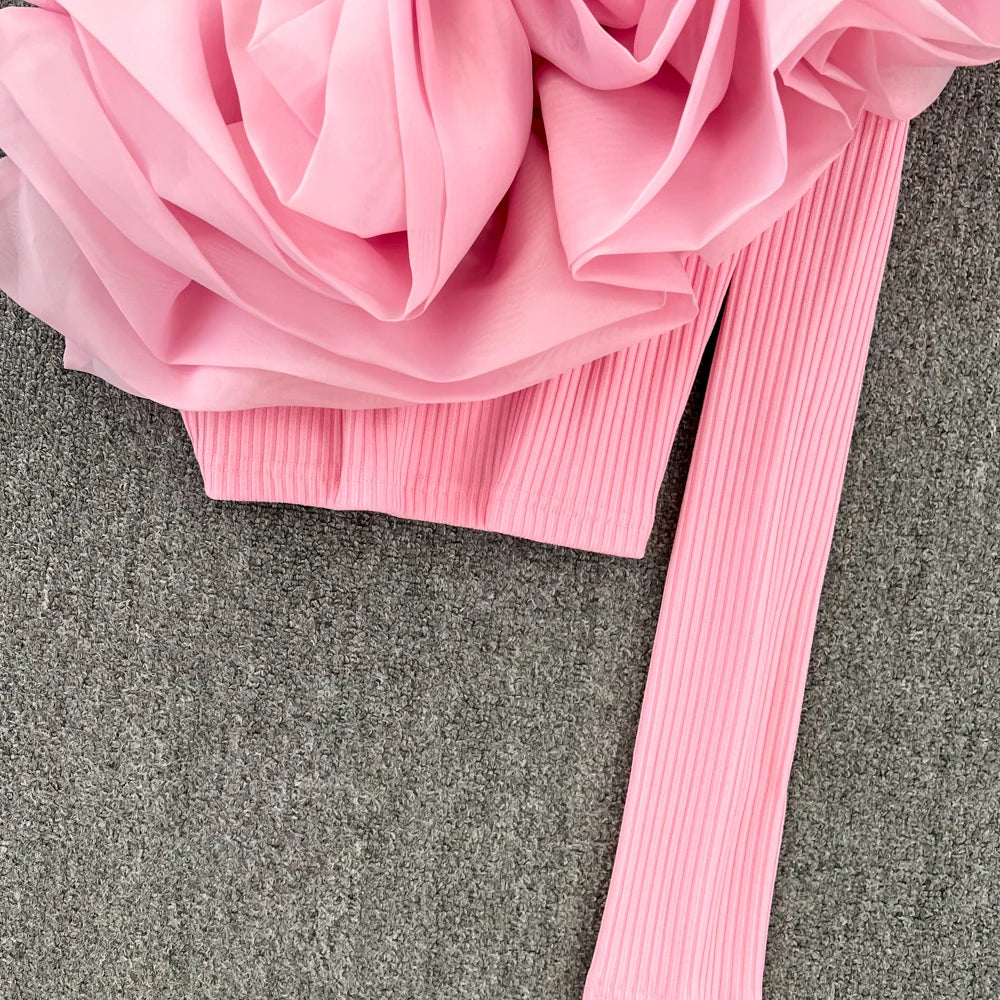 Retro Personali 3D Flower Slant Collar Single oulder Long Sve T-irt Women's Faion ort Sle Belly Button Baring Top