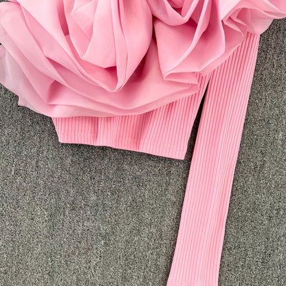 Retro Personali 3D Flower Slant Collar Single oulder Long Sve T-irt Women's Faion ort Sle Belly Button Baring Top