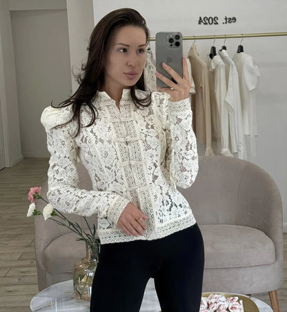 Tossy Summer Lace Printed Shirts Tops Female Hollow Out Fashion Commute Vintage See-Through Blouse Women's Lace Shrug Shirts New