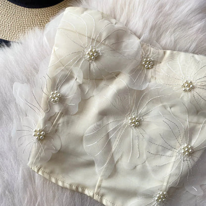 Embellished Short Crop Top Women's Vest with Chest Pad 3D Flower Decoration Slimming Effect Summer Fashion