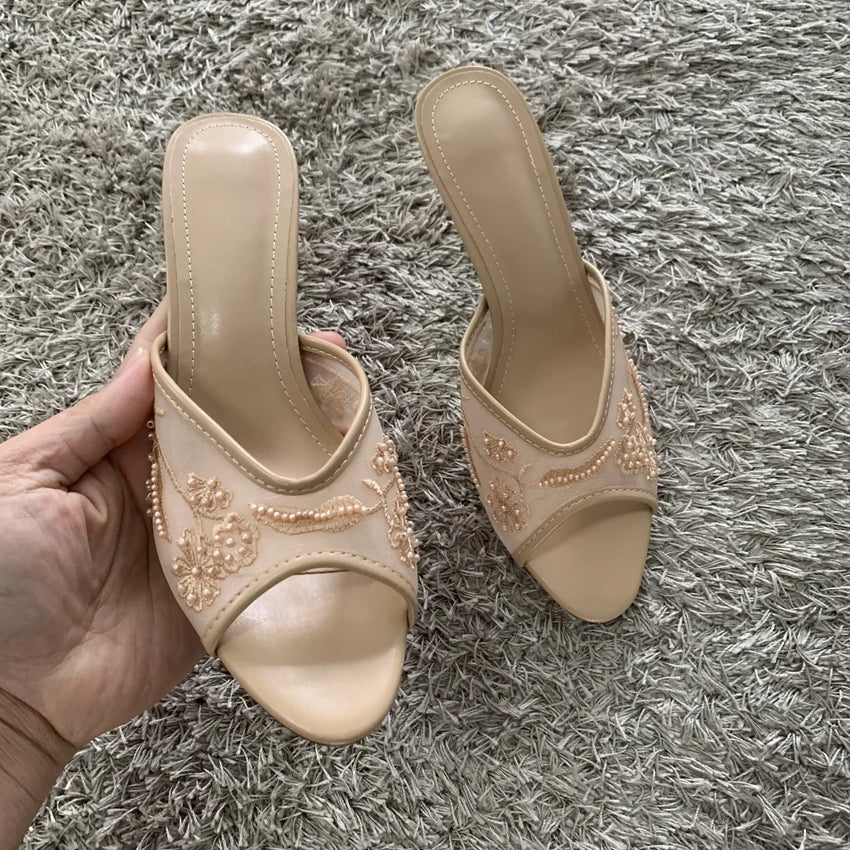 2026 String Bead Mesh Embroider Slingback High Heels Women Sexy Peep Toe Heeled Sandals Summer Elegant Luxury Designer Shoes