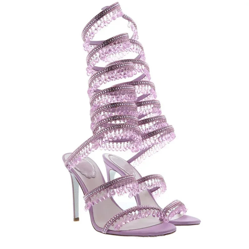 2024Women's New Water Diamond Sandals Fashion Tassel Crystal Shoes Sexy Banquet Party Twin Stiletto Women's Large Sandals