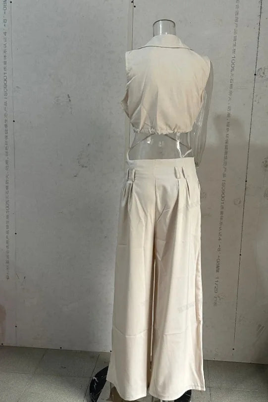 Womens 2 Piece Pants Set Solid Lapel V Neck Sleeveless Crop Top + Casual High Waist Pocket Wide Leg Pants Set Streetwear