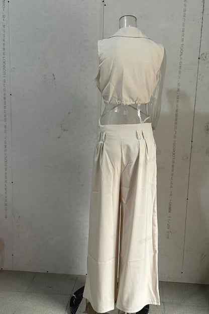 Womens 2 Piece Pants Set Solid Lapel V Neck Sleeveless Crop Top + Casual High Waist Pocket Wide Leg Pants Set Streetwear