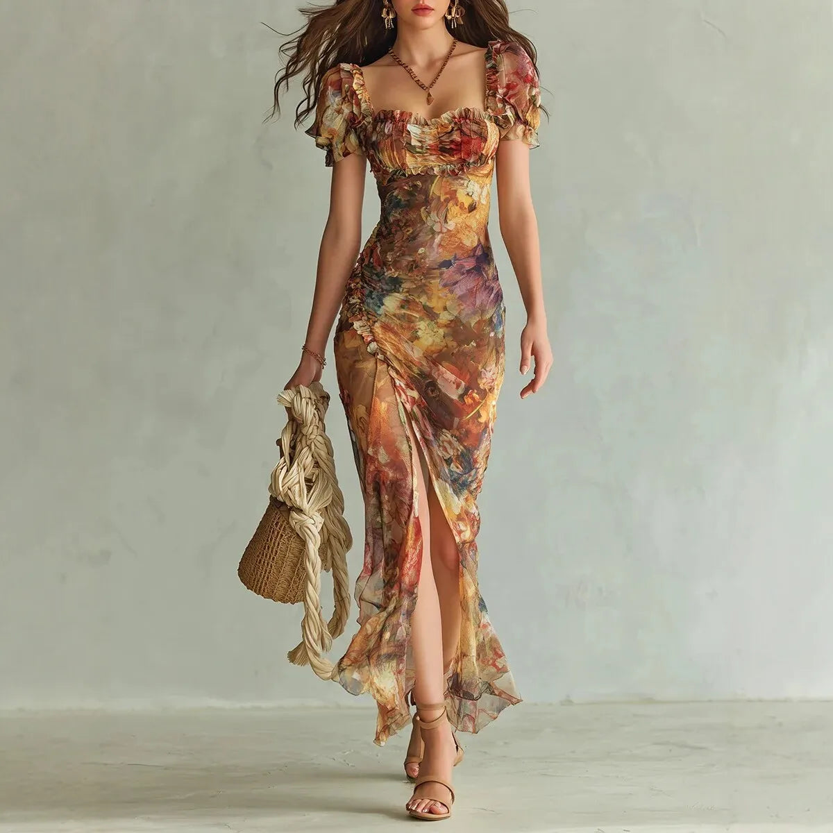 2026 Spring New Women V Neck Print Waist Cinched Ruffle Trim Loose Temperament Versatile Long Dress Fashion Vacation Style Dress
