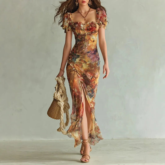 2026 Spring New Women V Neck Print Waist Cinched Ruffle Trim Loose Temperament Versatile Long Dress Fashion Vacation Style Dress