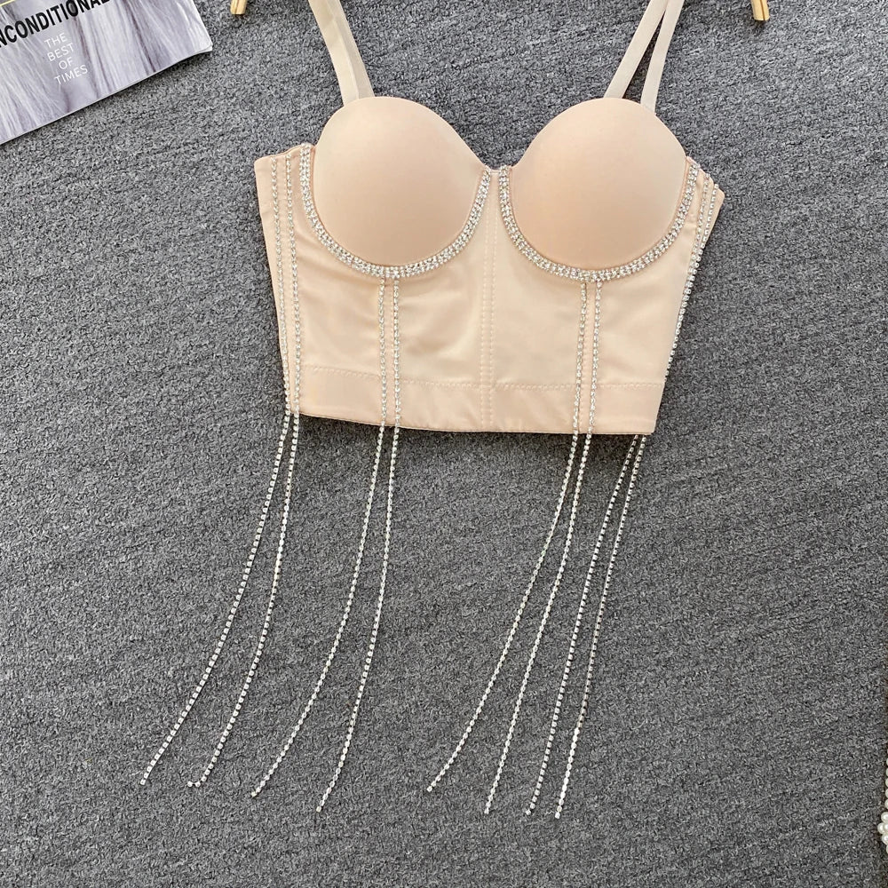Women Chic Tassels  Pads Rhinestone Basic  Corset Straps Camis Slim  Hot Sexy Fashion Bare NavelBackless Tops Women Crop Top