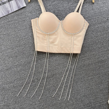Women Chic Tassels  Pads Rhinestone Basic  Corset Straps Camis Slim  Hot Sexy Fashion Bare NavelBackless Tops Women Crop Top