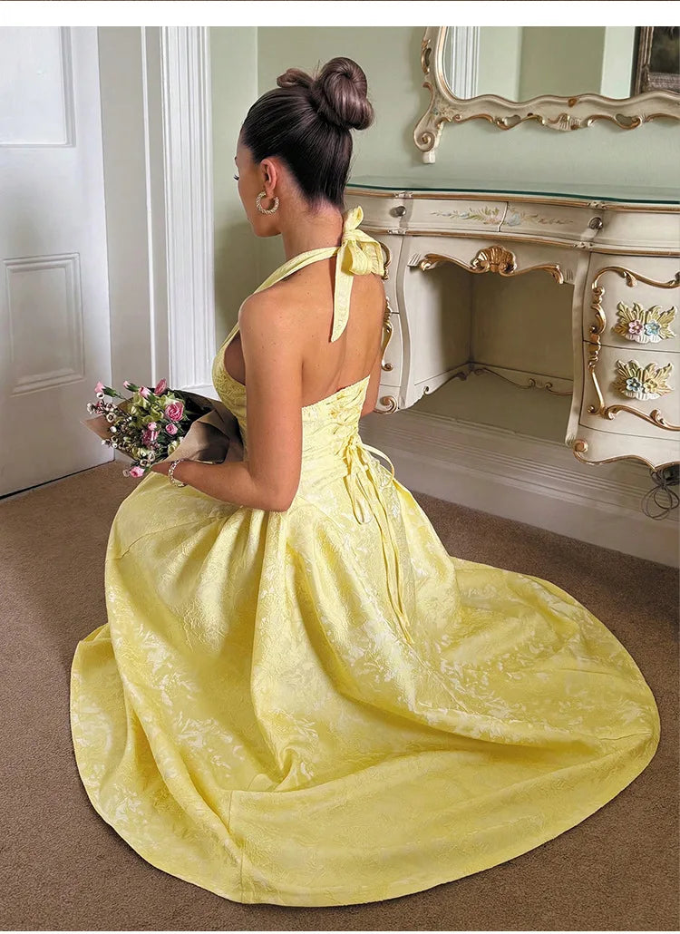 Evening Party Dresses Women Summer Sexy Bow Halter Long Dress Elegant Jacquard Lace Up Backless Birthday Robe