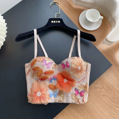 SINGREINY Embroidery Flower Camis Women Strapless Sleeveless Luxury Camisole Slim Hot Summer Sequined Butterfly Sexy Mini Tops