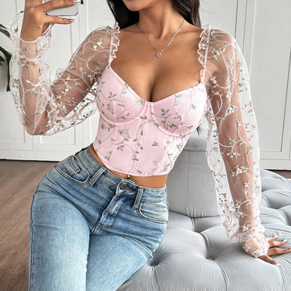Sexy Spicy Girl Mesh Long Sleeve Corsets Shaper Flower Embroidery Bustiers Fishbone Slim Fit Fashion Versatile Women Corset Top