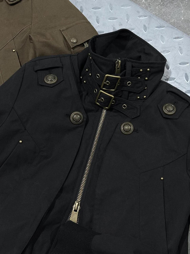 MEXZT Y2K Cropped Black Jacket Women Harajuku Vintage Stand Collar Coat Autumn Streetwear Grunge Long Sleeve Zipper Outerwears