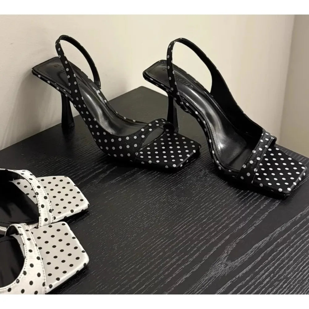 Fashion Brand Designer Heeled Sandals Women Polka Dot Square Toe Summer Open Toe Sexy Banquet Party Elegant Comfort Office Heels