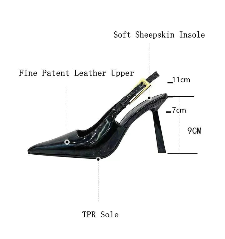 2025 Spring And Summer New Black Patent Leather High Heels Women Slim Heel Shoes Temperament Minority Pointed Sandals