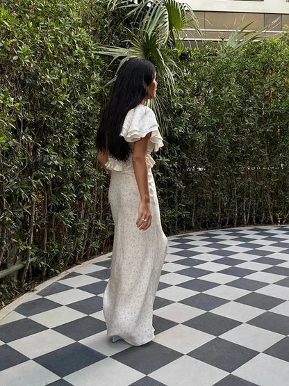 Chic Flower Print A-line Maxi Dress Women Elegant High Waist Strapless Backless Slim Vestidos Lady Summer Vacation Robes LIX8