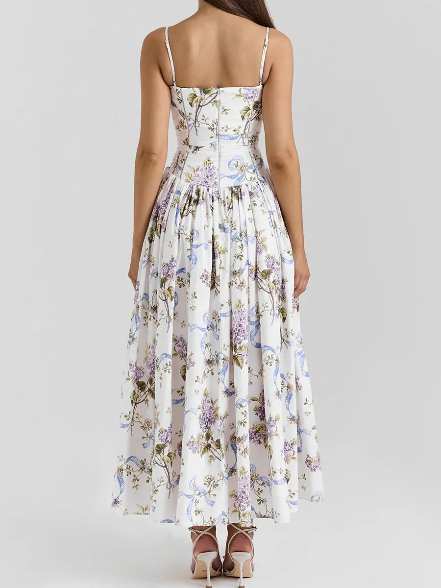 Oligai Floral Print Midi Sundress Elegant Spaghetti Strap Flowy Dress Aussie Summer Women Boho Chic Beach Dress