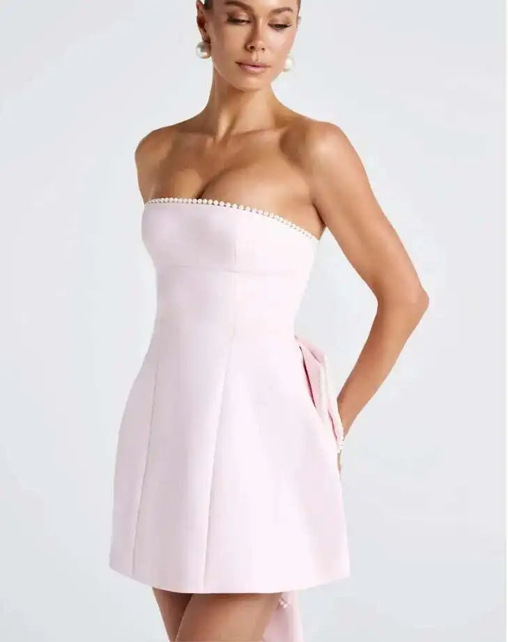 Avrilyaan Bow Pearl Short Backless Sleeveless Sexy Dress Women Elegant Party Dress Strapless Bodycon Mini Summer Dress Vestidos